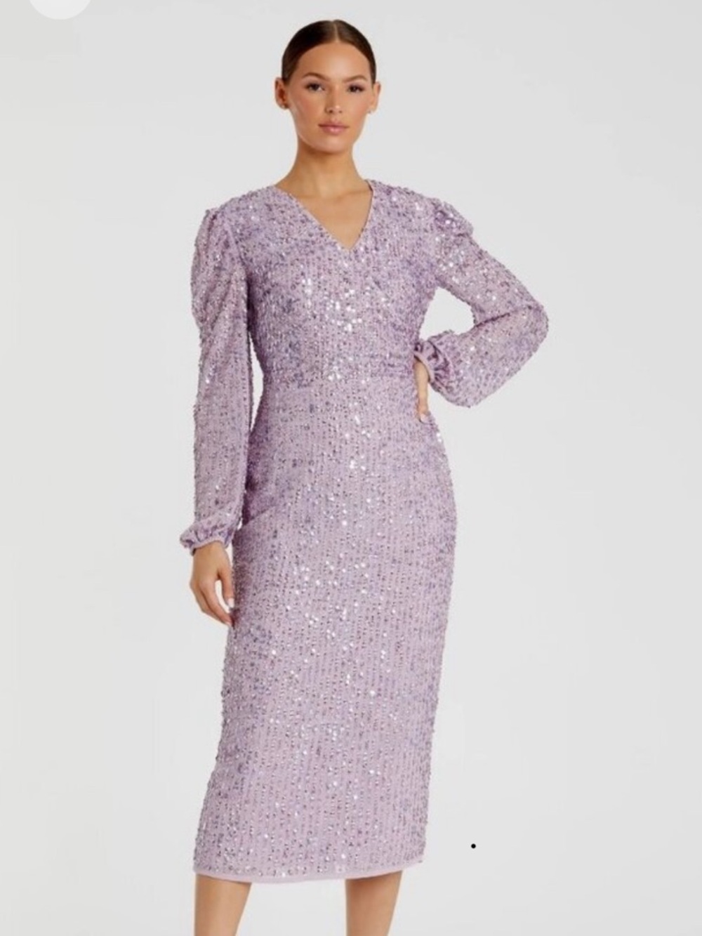 Mac Duggal Lavender Sequin Midi Dress with V-Neck